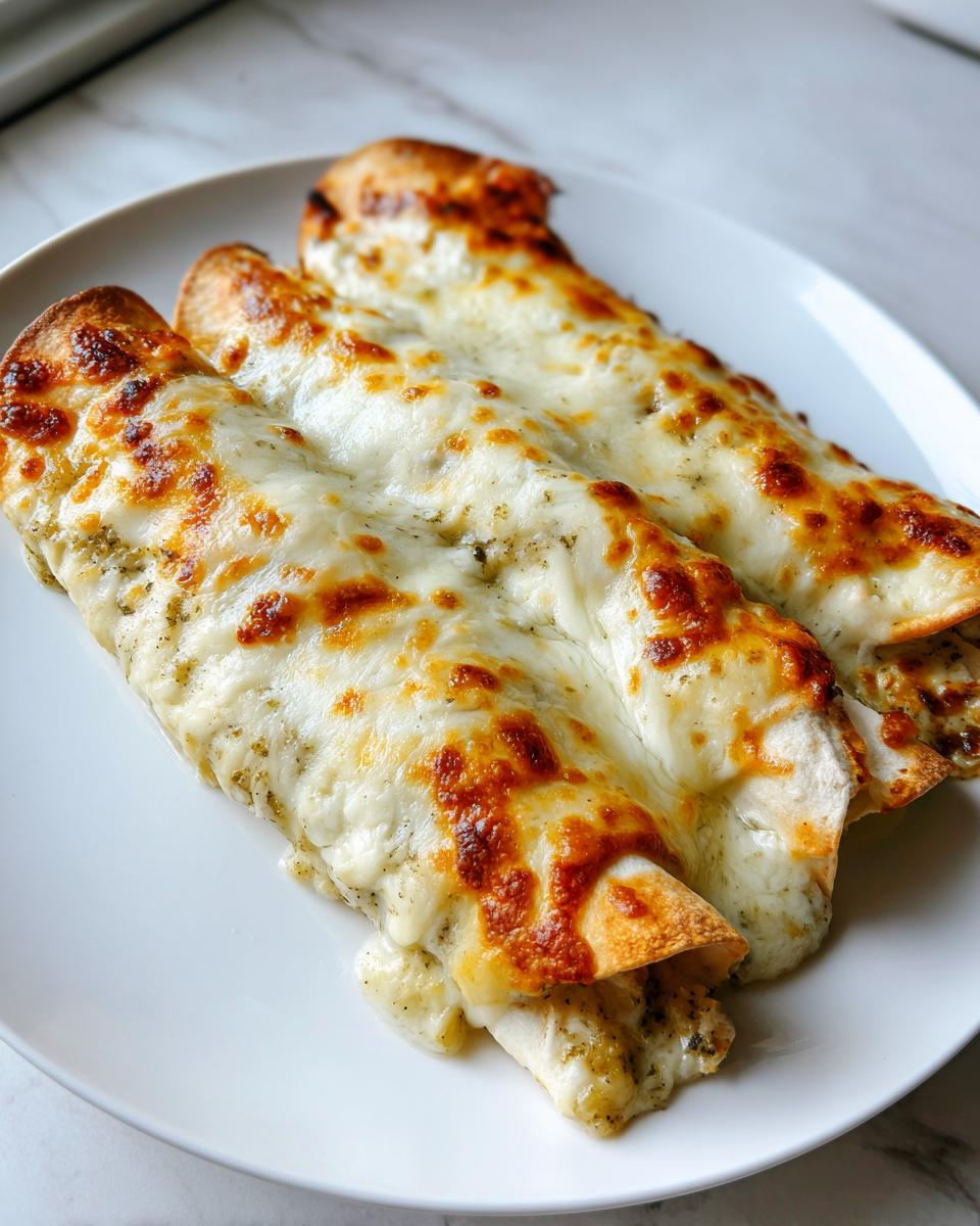 Three baked green chile chicken enchiladas covered in melted, bubbly white cheese on a white plate.