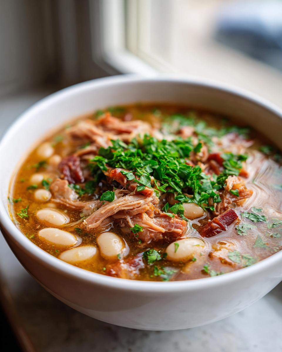 Close-up of a white bowl filled with rich Ham and bean soup, featuring shredded ham, white beans, and fresh parsley garnish.