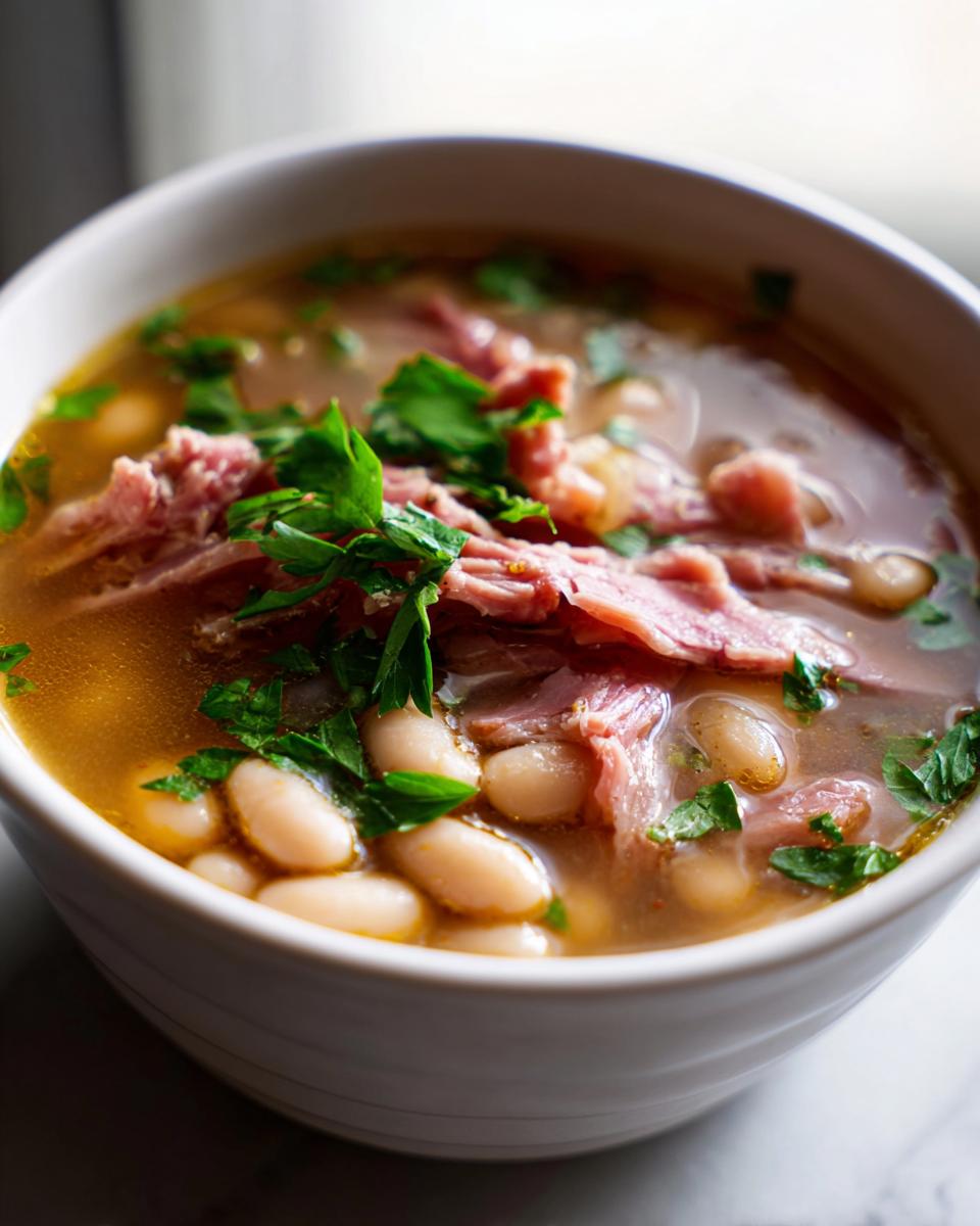 Close-up of a white bowl filled with rich Ham and Bean Soup, featuring shredded ham and white beans in broth, topped with fresh parsley.