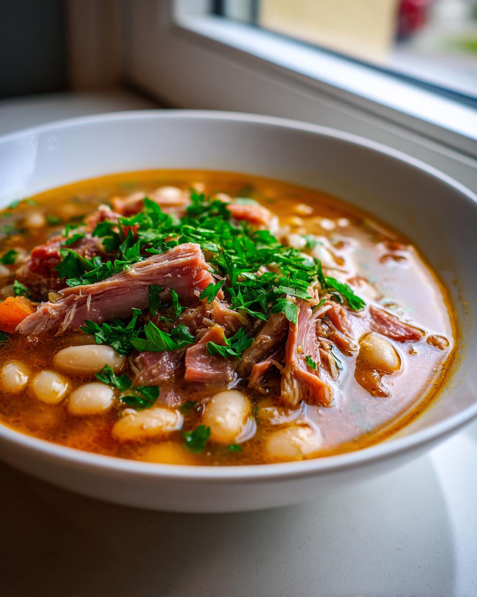 Close-up of a white bowl filled with rich Ham and Bean Soup, featuring shredded ham, white beans, and fresh parsley.