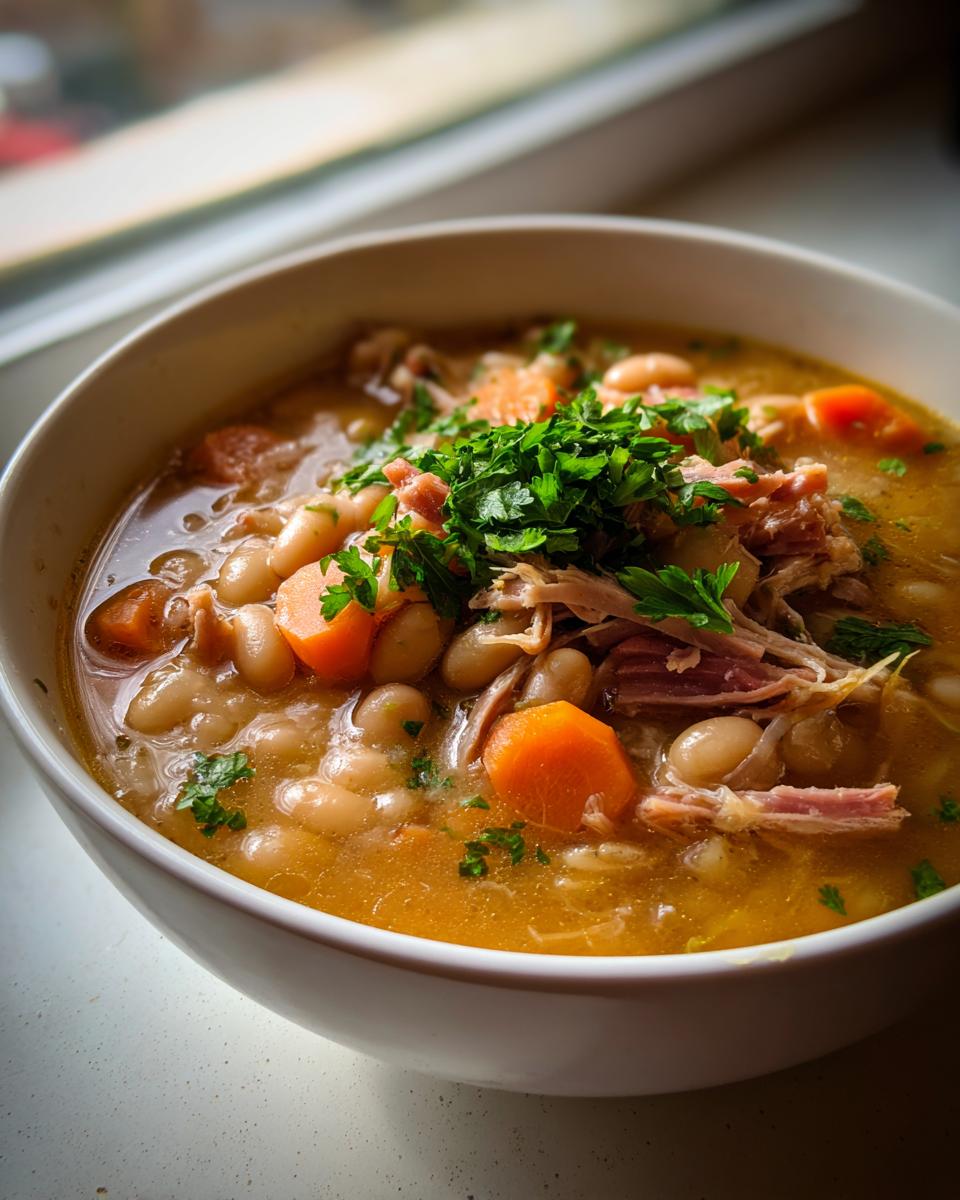 Close-up of a white bowl filled with rich Ham and bean soup, featuring white beans, shredded ham, carrots, and fresh parsley.