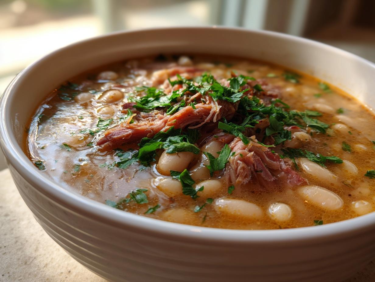 Close-up of a steaming white bowl filled with rich Ham and Bean Soup, featuring white beans, shredded ham, and fresh parsley.