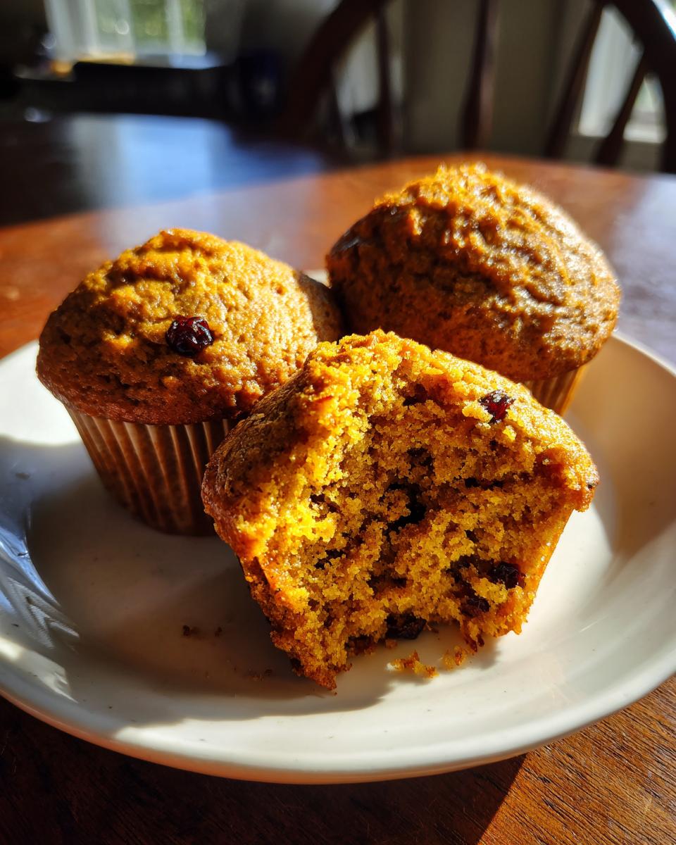 Three golden brown honey bran muffins on a white plate, one is broken open showing the moist, textured interior with dried fruit.