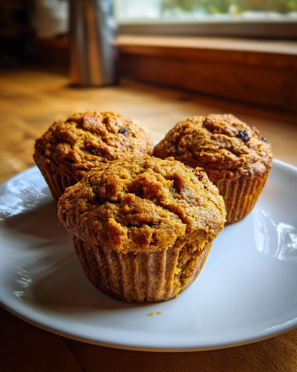 Three freshly baked, golden brown honey bran muffins sitting on a white plate near a window.