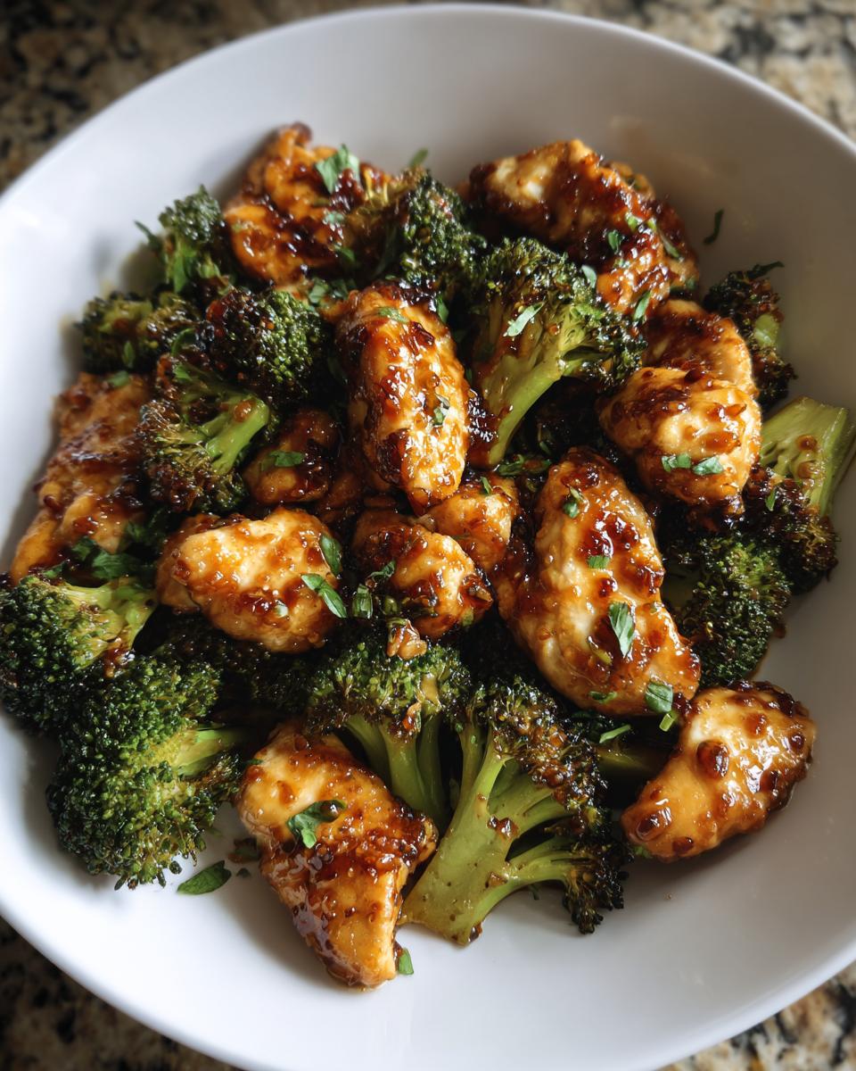 Close-up of glazed chicken and broccoli pieces tossed in a rich honey garlic sauce, served in a white bowl.