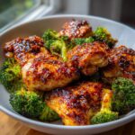 Close-up of glazed honey garlic chicken and broccoli pieces served together in a white bowl.