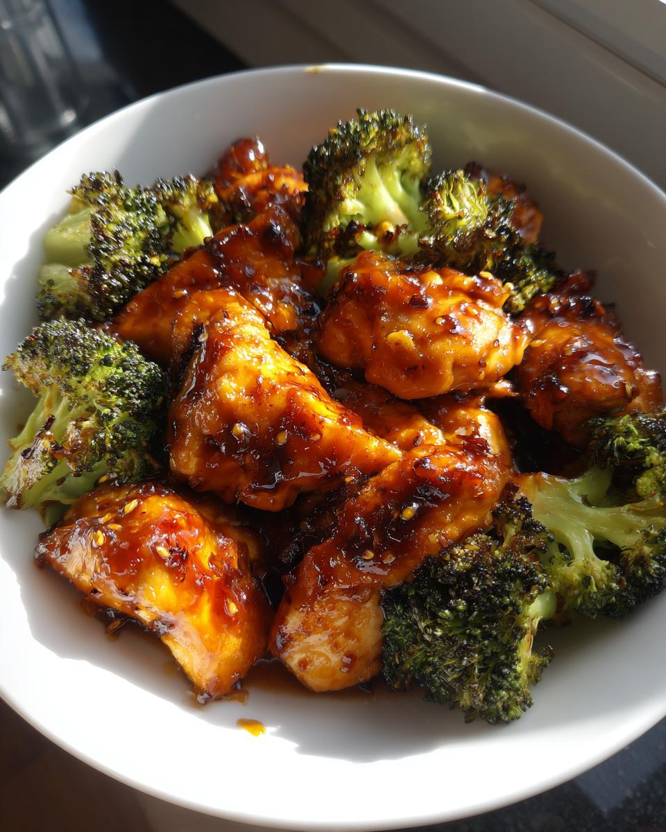 Close-up of glossy honey garlic chicken and broccoli pieces served together in a white bowl.