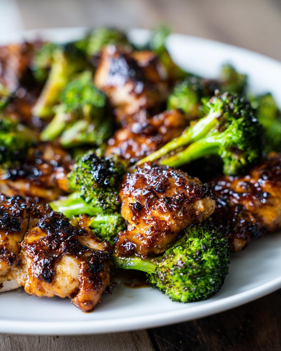 Close-up of glazed honey garlic chicken and broccoli pieces served on a white plate.
