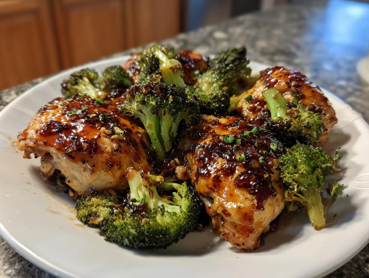 Close-up of glazed honey garlic chicken and broccoli pieces served on a white plate.