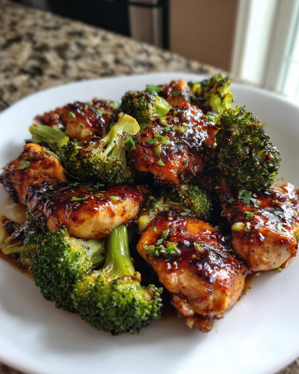 Close-up of glazed chicken and broccoli pieces coated in a rich honey garlic sauce, garnished with chives.