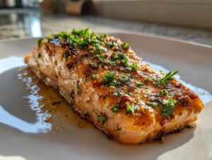 Close-up of a perfectly cooked honey garlic salmon fillet, glistening with glaze and topped with fresh parsley.