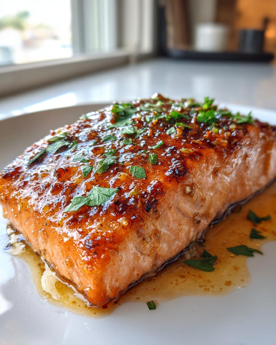Close-up of a perfectly cooked, glazed honey garlic salmon fillet topped with fresh parsley.