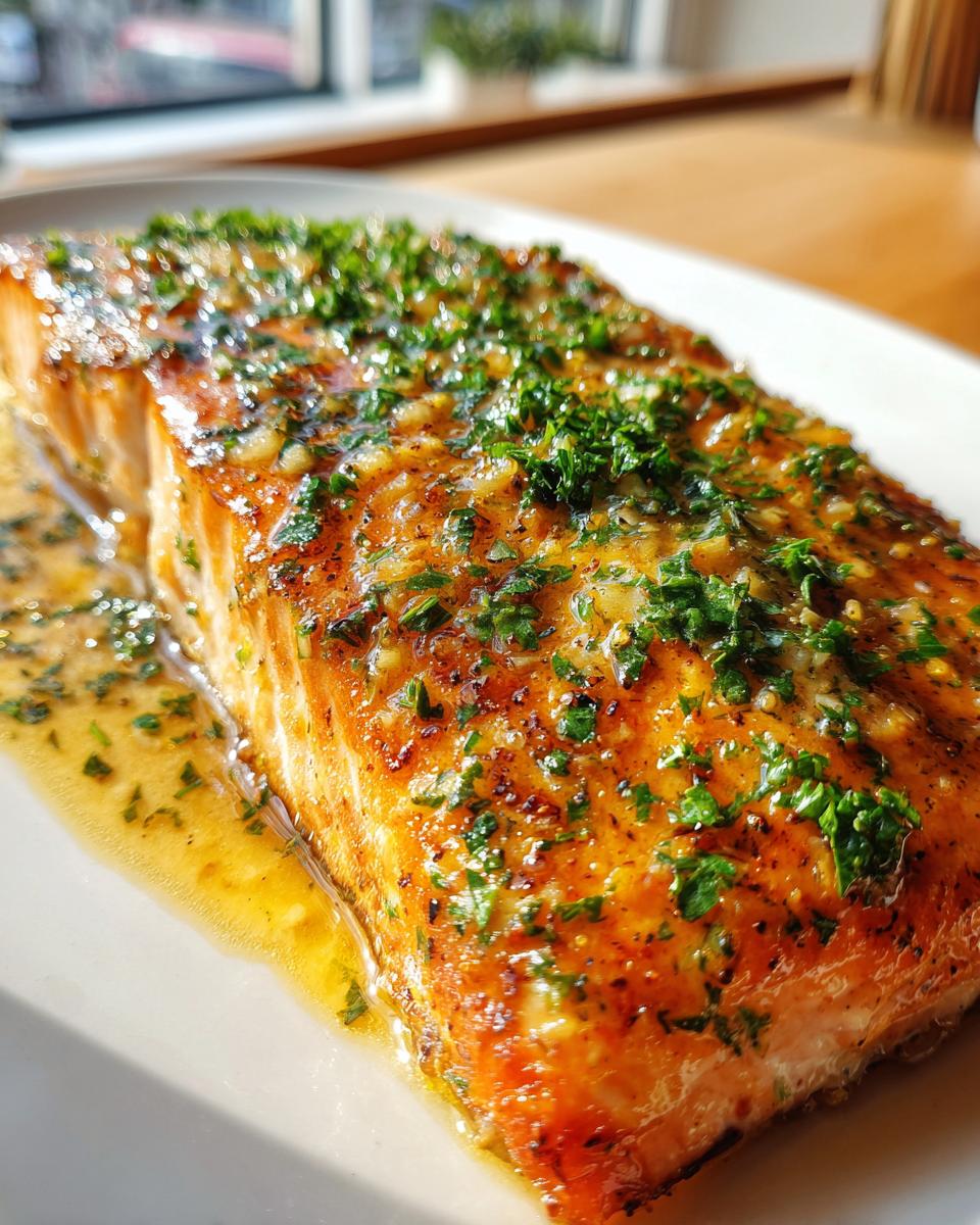 Close-up of a perfectly cooked, glazed honey garlic salmon fillet topped generously with chopped fresh parsley.