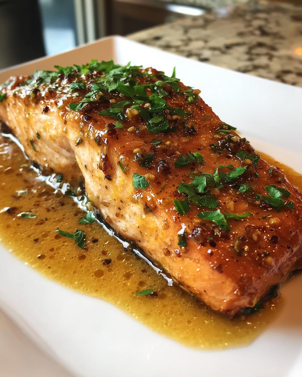 Close-up of a perfectly cooked salmon fillet covered in a glossy honey garlic glaze and fresh parsley.