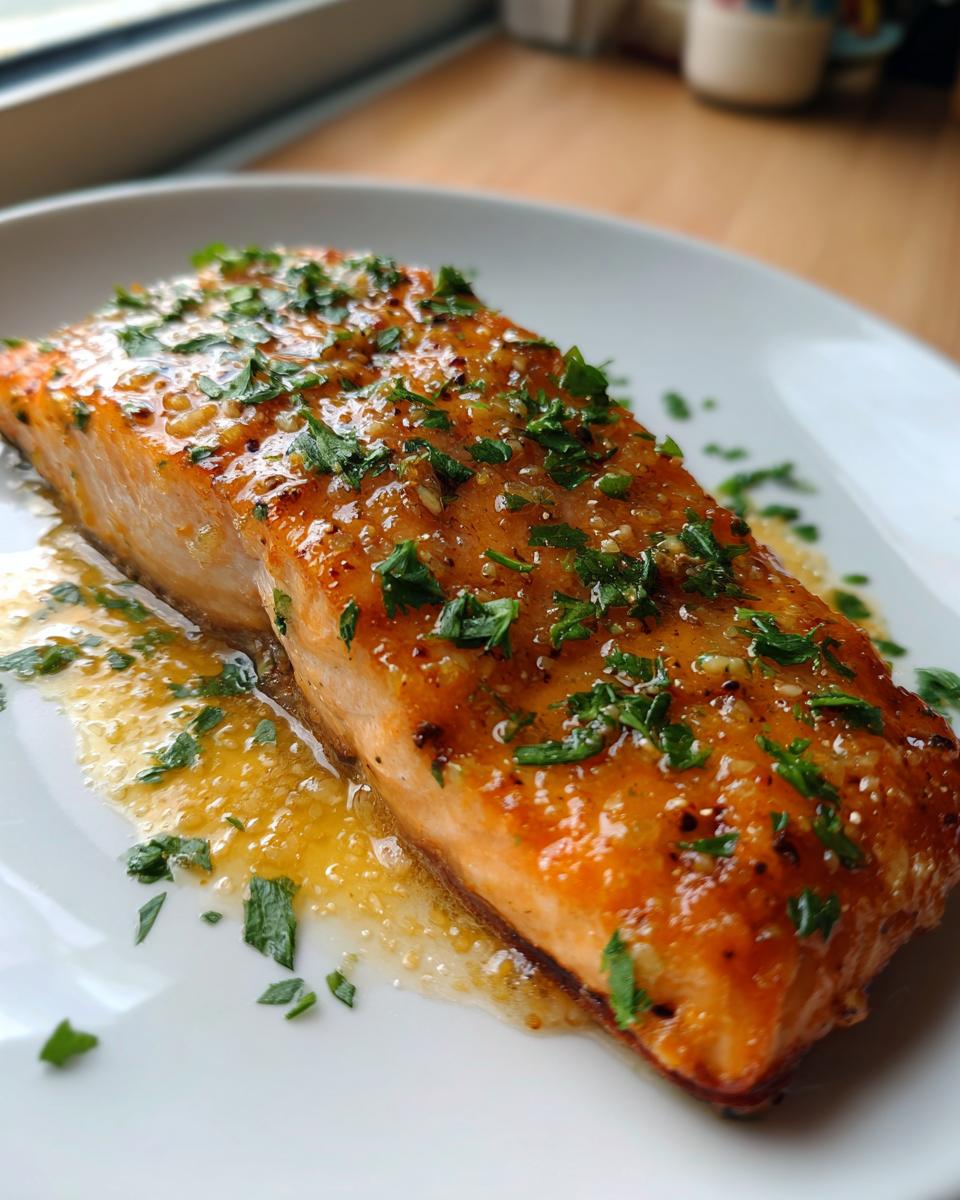 Close-up of a perfectly cooked honey garlic salmon fillet, glistening with glaze and topped with fresh chopped parsley.