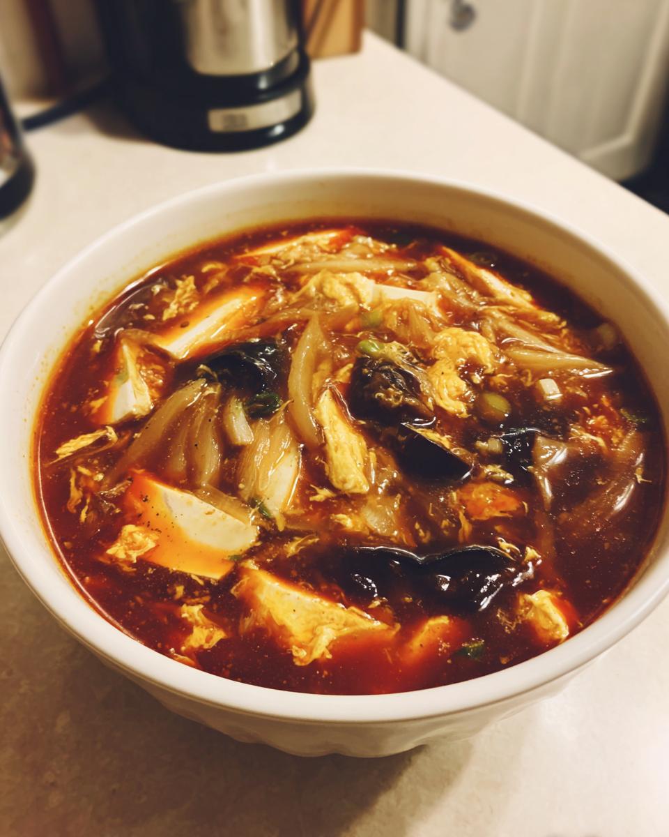 Close-up of a white bowl filled with rich, dark red hot and sour soup recipe featuring tofu, egg ribbons, and mushrooms.