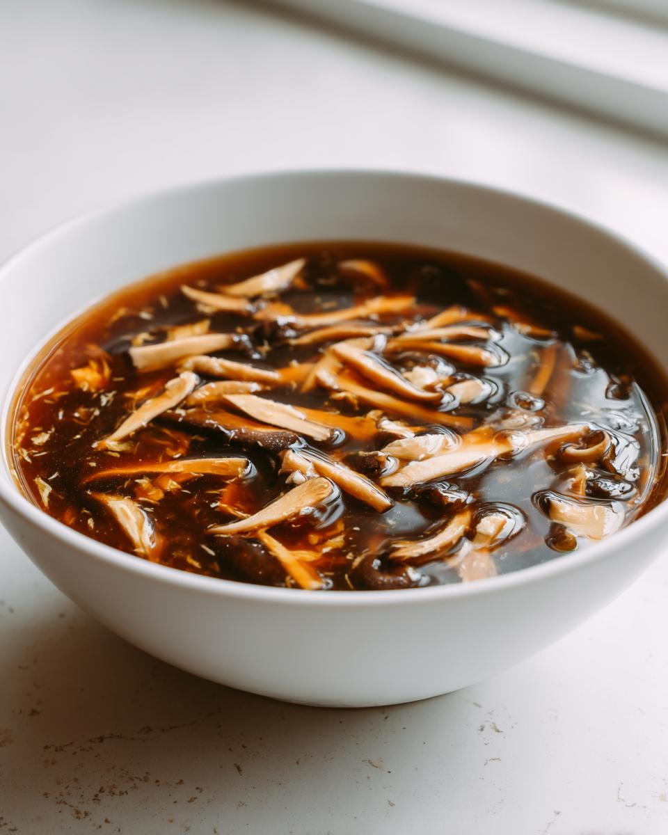Close-up of a white bowl filled with rich, dark broth and shredded ingredients for hot and sour soup recipe.