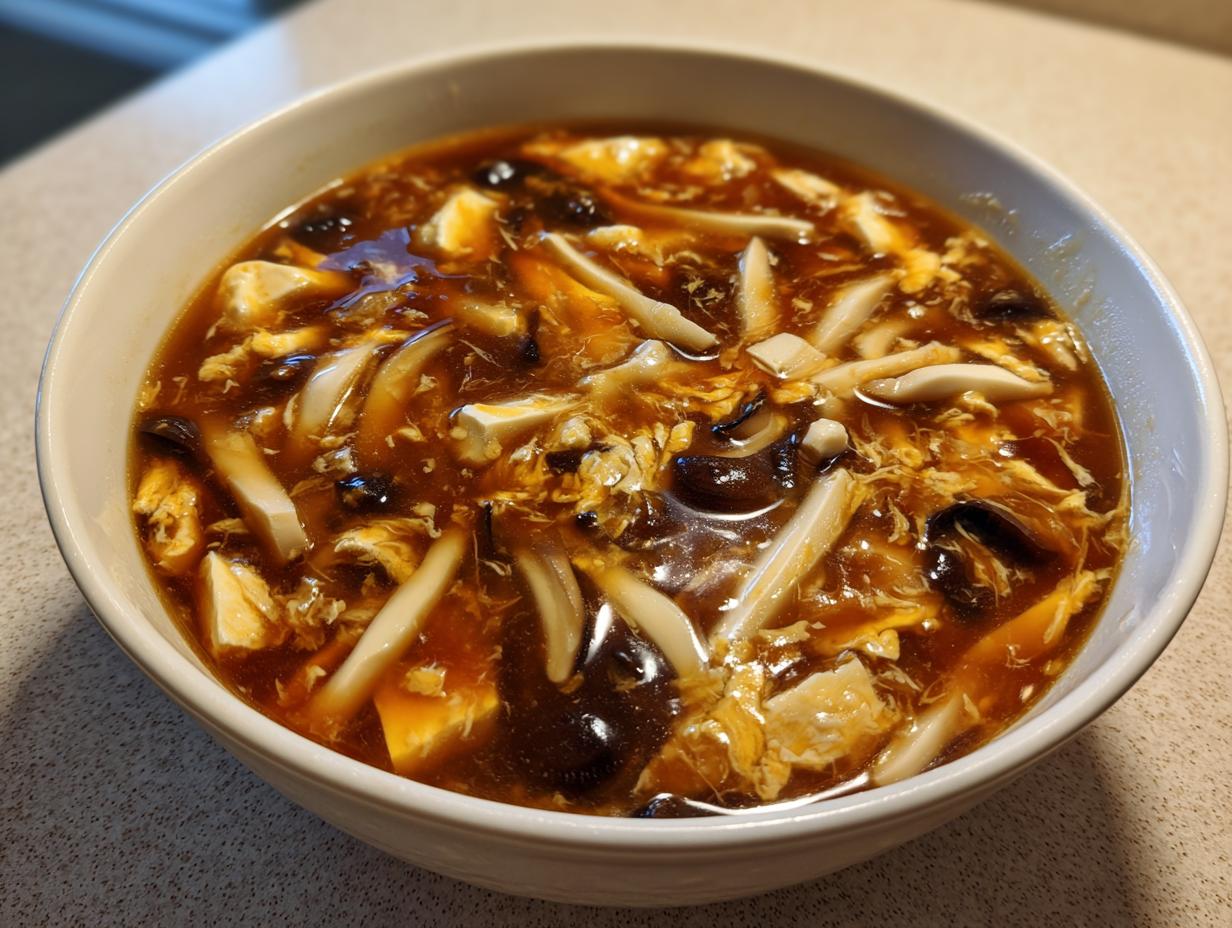 A close-up of a white bowl filled with rich, dark broth containing tofu, mushrooms, and ribbons of egg from the hot and sour soup recipe.