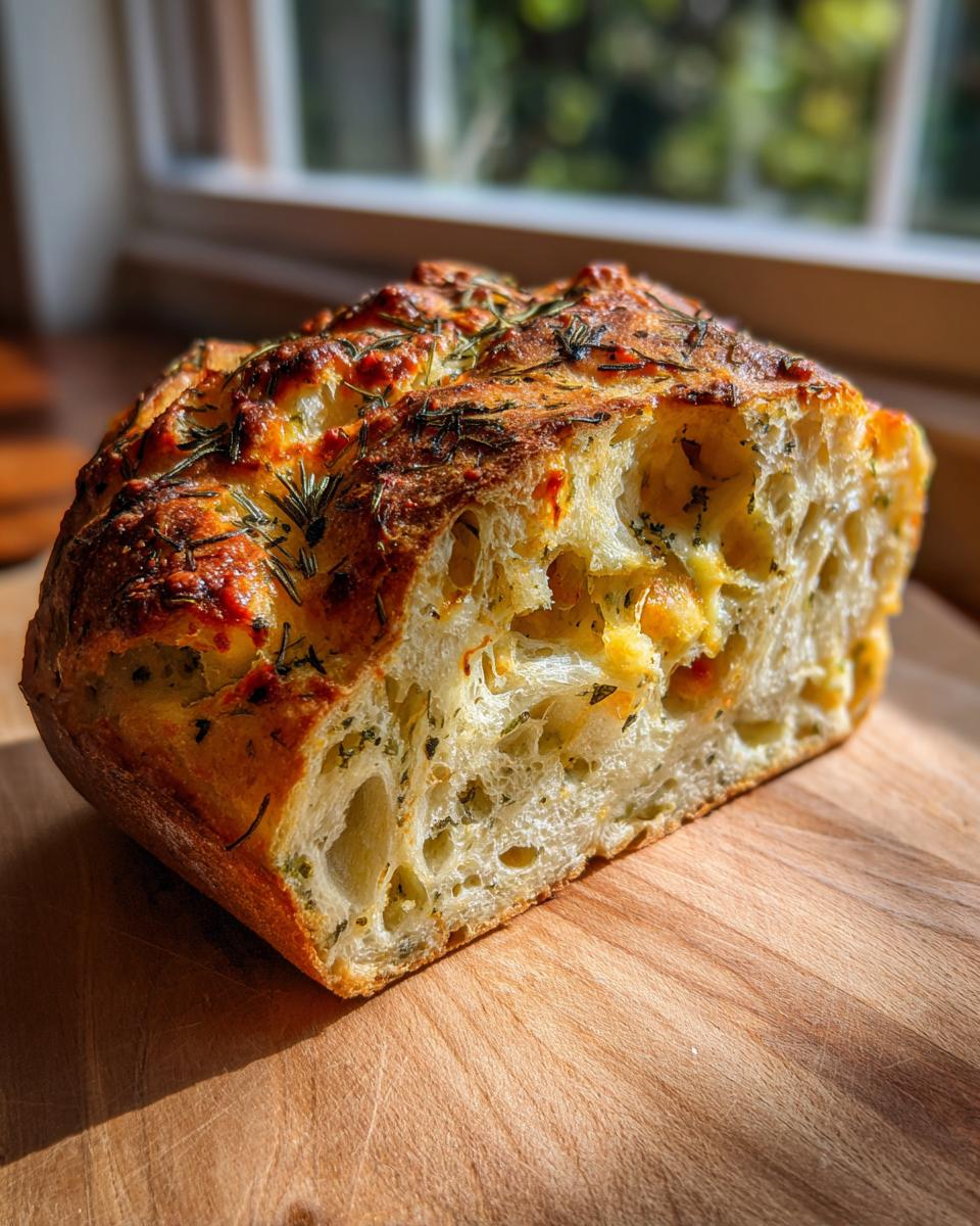 Close-up of the airy crumb structure of Italian herb and cheese bread topped with rosemary.