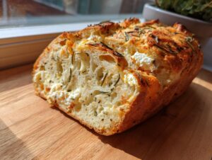 Close-up of a freshly baked Italian herb and cheese bread loaf showing the soft crumb and visible cheese pockets.