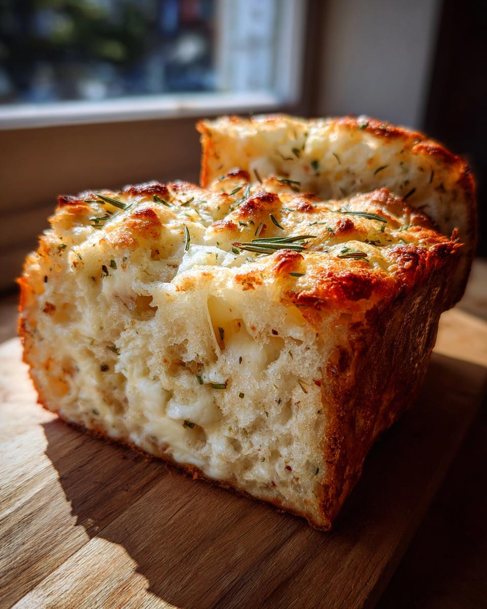 A thick slice of golden-brown Italian herb and cheese bread showing melted cheese pockets and rosemary on top.