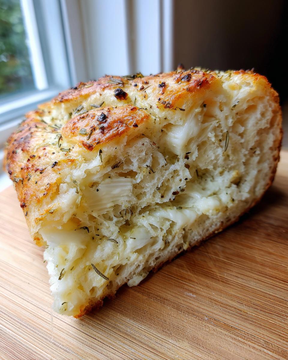 Close-up of a thick slice of Italian herb and cheese bread showing a soft, airy interior filled with melted white cheese.