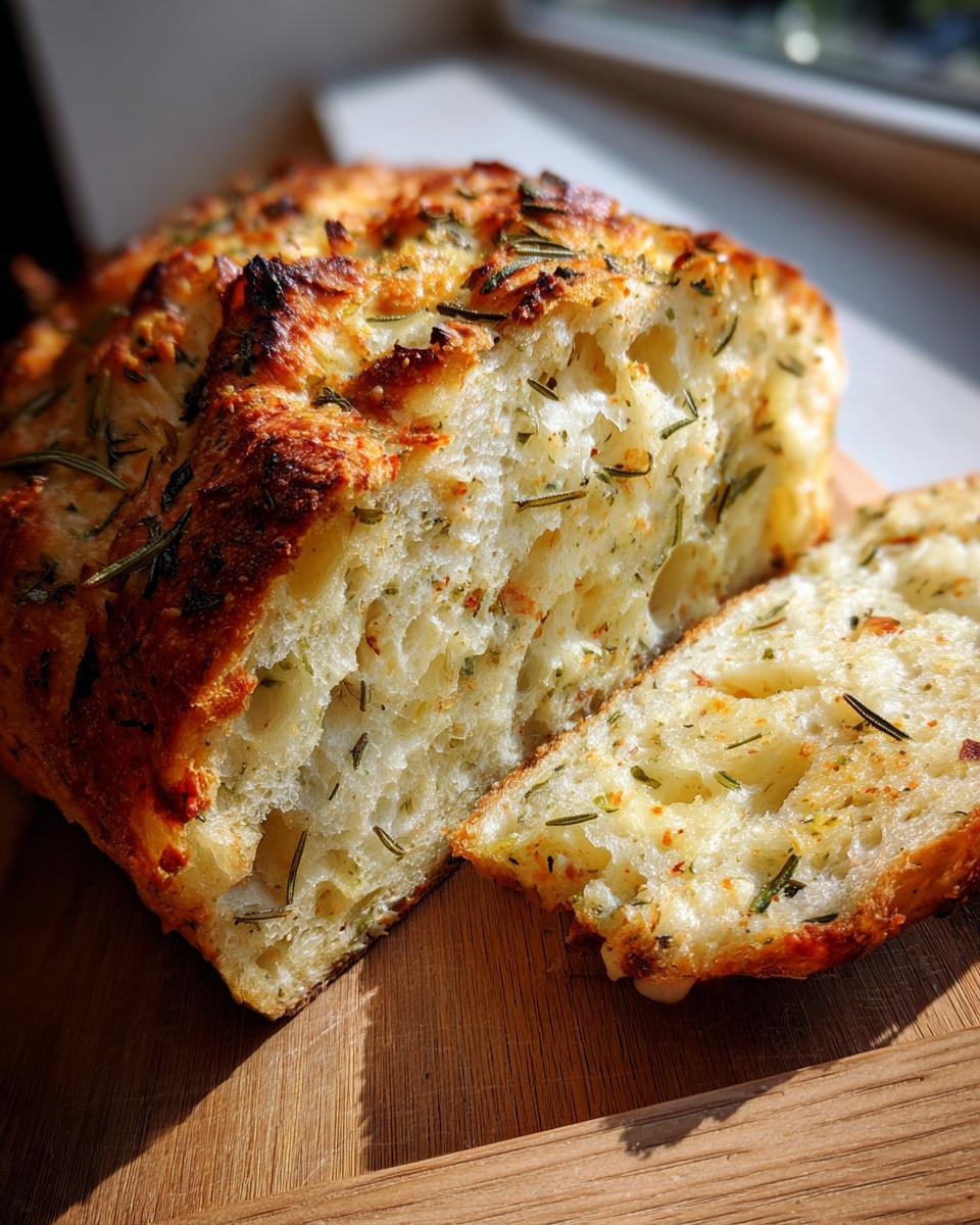A close-up of freshly baked Italian herb and cheese bread, showing a golden crust and soft, airy interior with visible herbs.