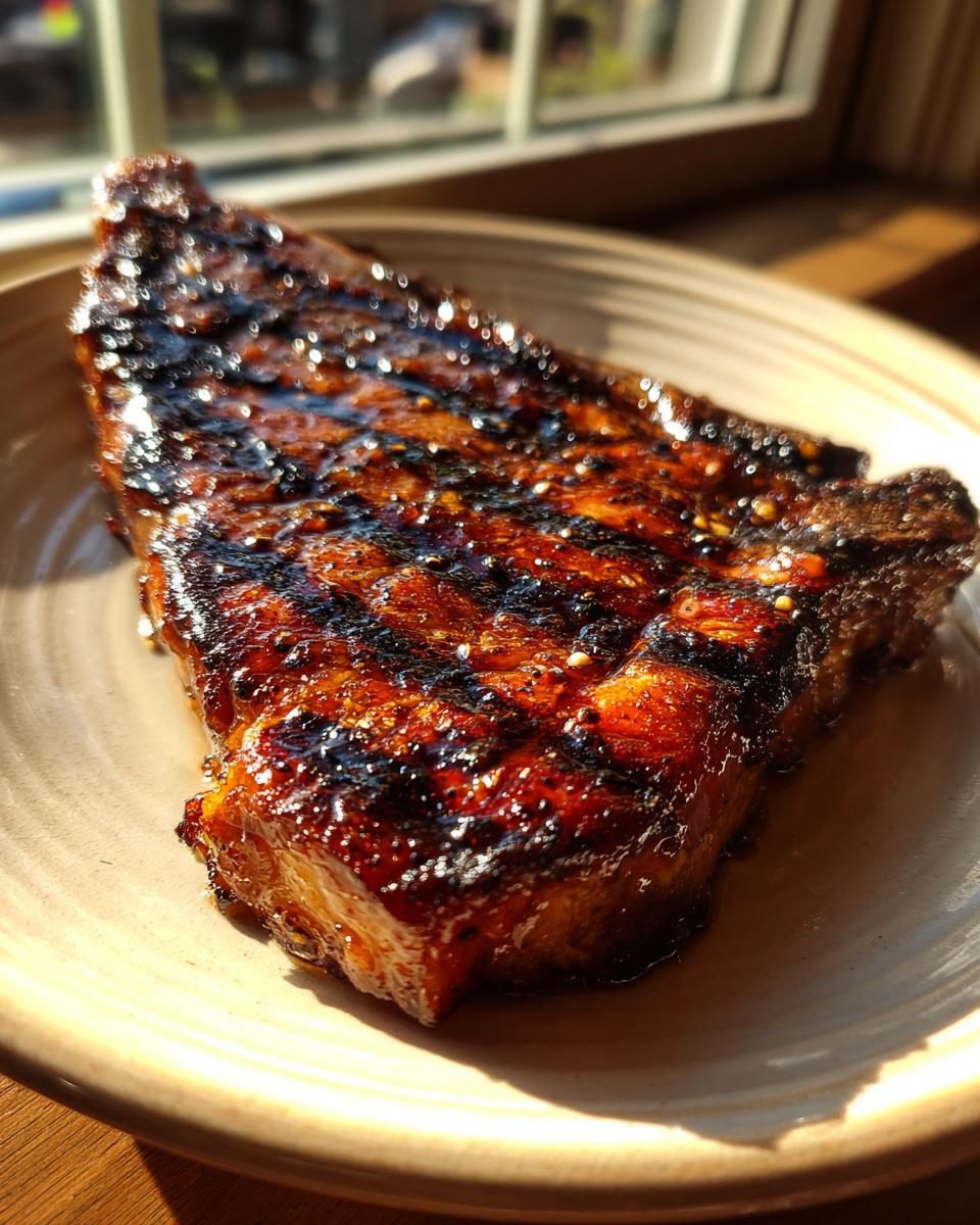 Close-up of a perfectly grilled and glazed pork steak recipe, showing char marks and a shiny coating.