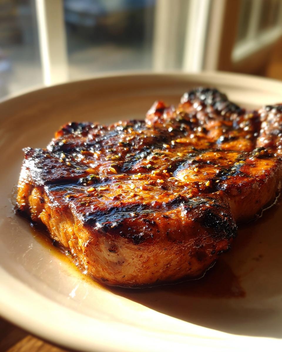 Close-up of a thick, juicy pork steak recipe cut, perfectly seared with a dark, glossy glaze and sesame seeds.