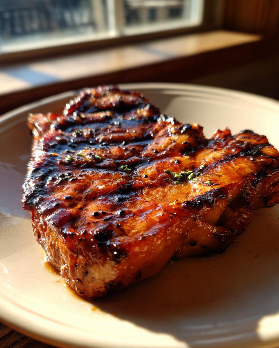 Close-up of a perfectly grilled and glazed pork steak recipe, showing deep char marks and glistening sauce.