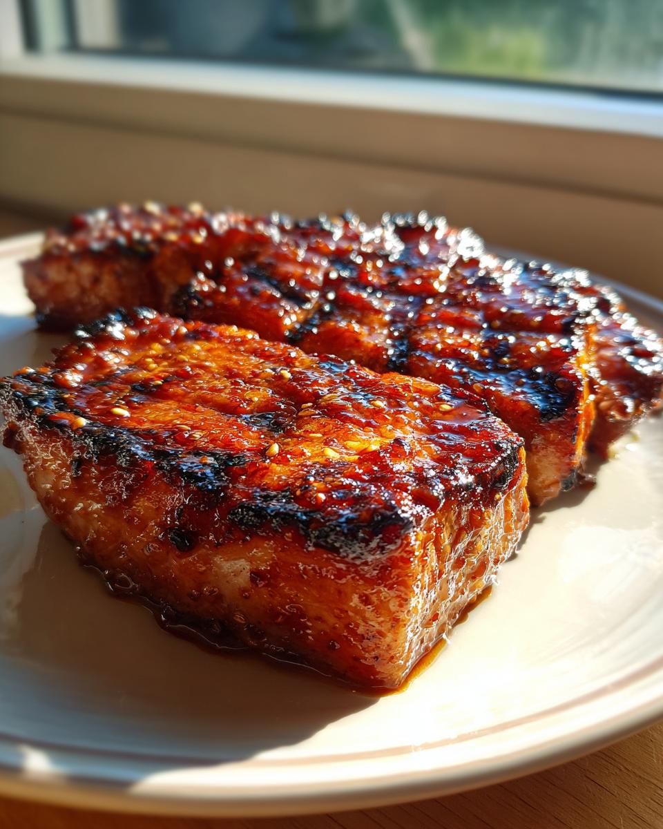 Close-up of two thick, juicy pork steak pieces covered in a dark, sticky, caramelized glaze with sesame seeds.