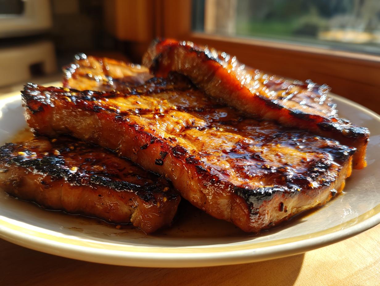 Close-up of several thick, glazed pork steak pieces glistening under sunlight, ready to eat.