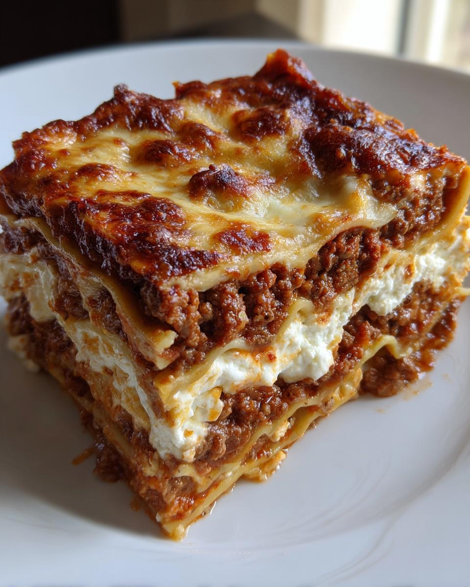A generous slice of Lasagna with Cottage Cheese showing layers of pasta, meat sauce, and white cottage cheese filling, topped with melted, browned cheese.