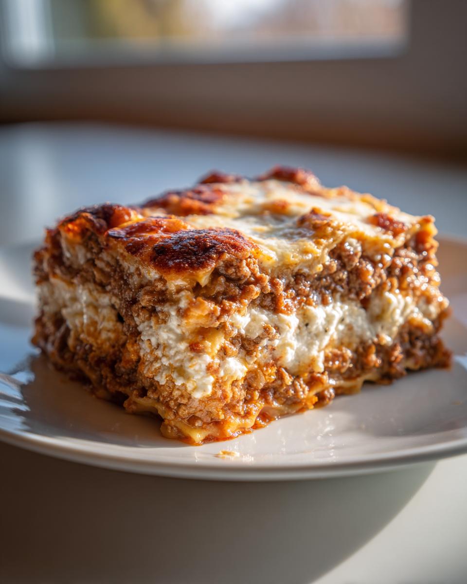 A generous slice of baked lasagna with rich meat sauce and creamy white layers of cottage cheese, perfectly browned on top.