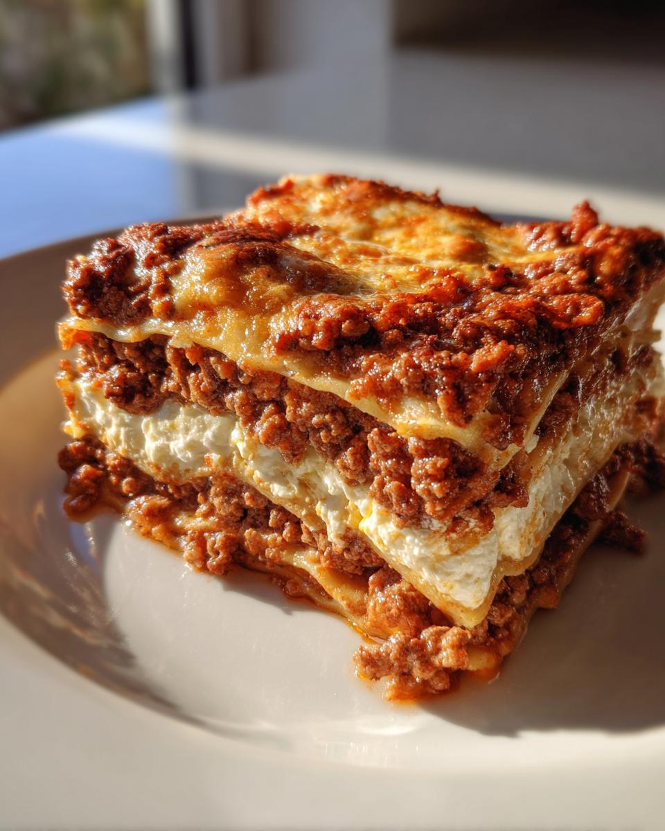 A thick, layered slice of Lasagna with Cottage Cheese, featuring rich meat sauce and baked cheese topping.