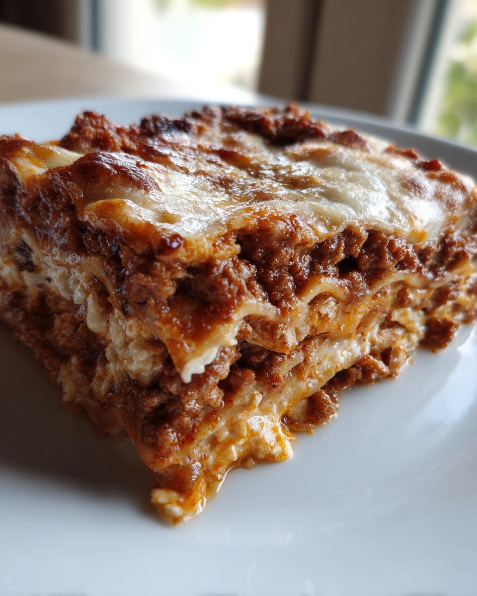 Close-up of a hearty slice of Lasagna with Cottage Cheese, showing layers of pasta, meat sauce, and white cheese filling.