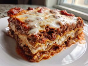 A thick, layered slice of Lasagna with Cottage Cheese featuring rich meat sauce and melted cheese topping.