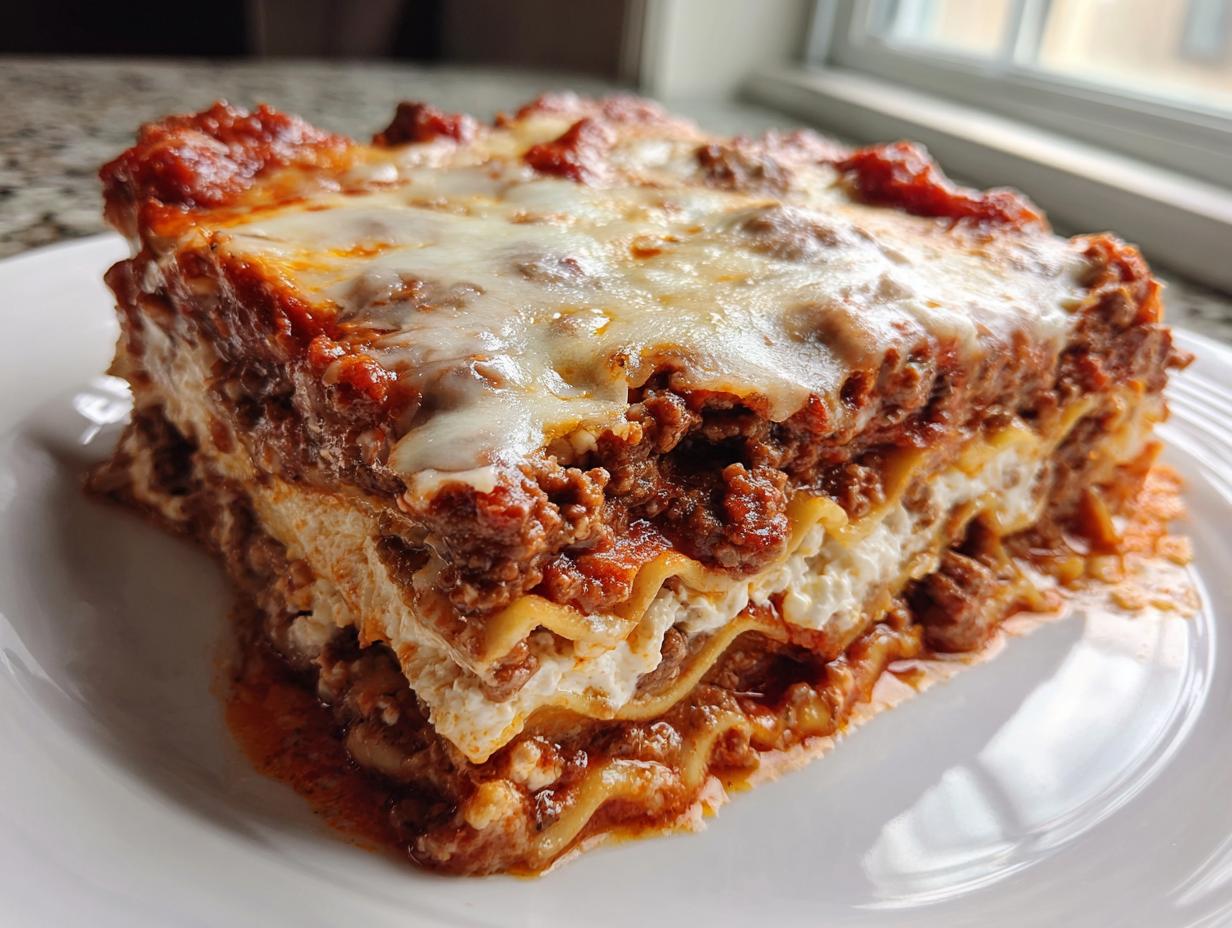 A thick, layered slice of Lasagna with Cottage Cheese featuring rich meat sauce and melted cheese topping.