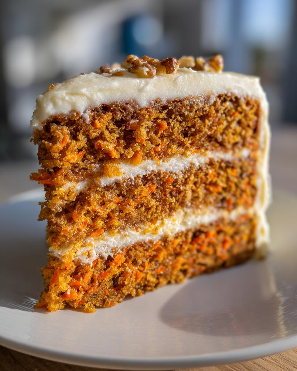 A tall, moist slice of carrot cake recipe showing three layers of cake filled with cream cheese frosting and topped with walnuts.
