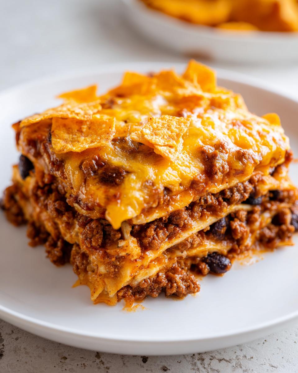 A layered slice of Dorito Casserole featuring ground meat, beans, melted cheese, and crushed Doritos on top.
