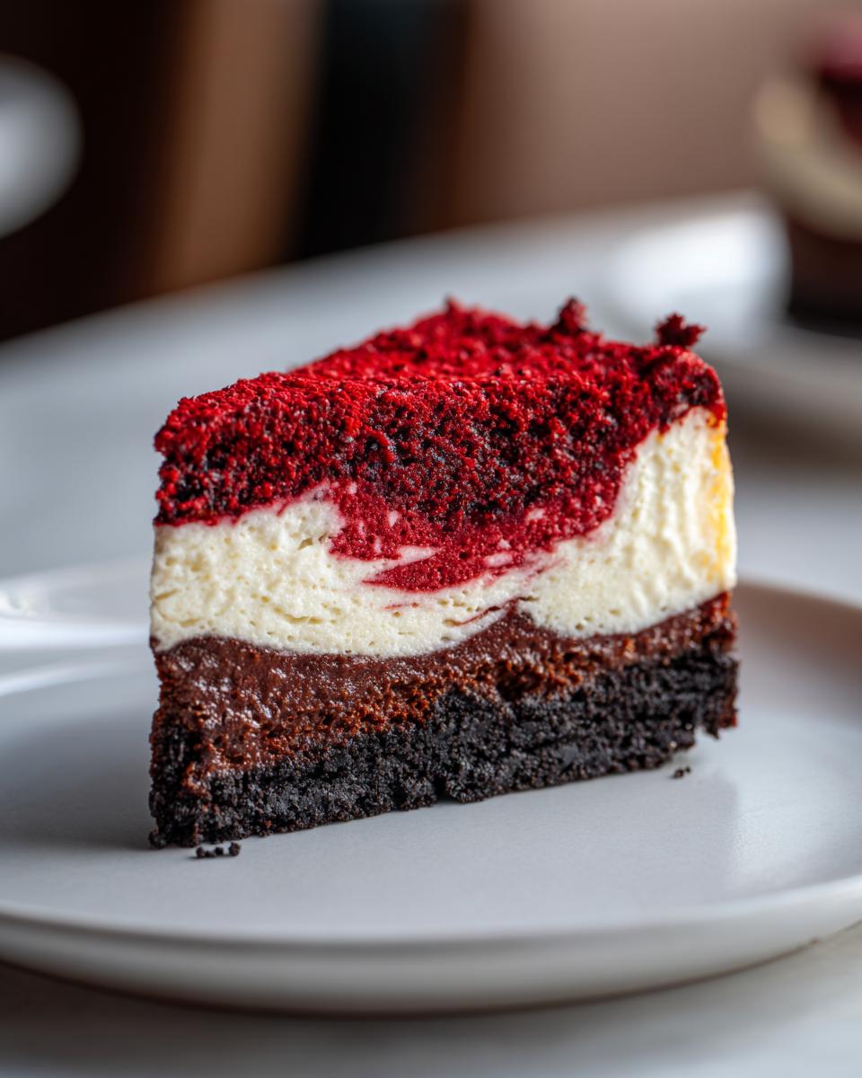 A close-up of a decadent slice of red velvet cheesecake showing distinct layers and a bright red crumb topping.