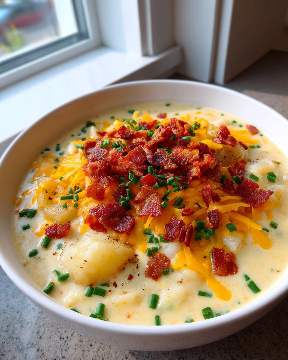 A creamy bowl of Loaded Baked Potato Soup topped generously with shredded cheddar cheese, crispy bacon bits, and fresh chives.