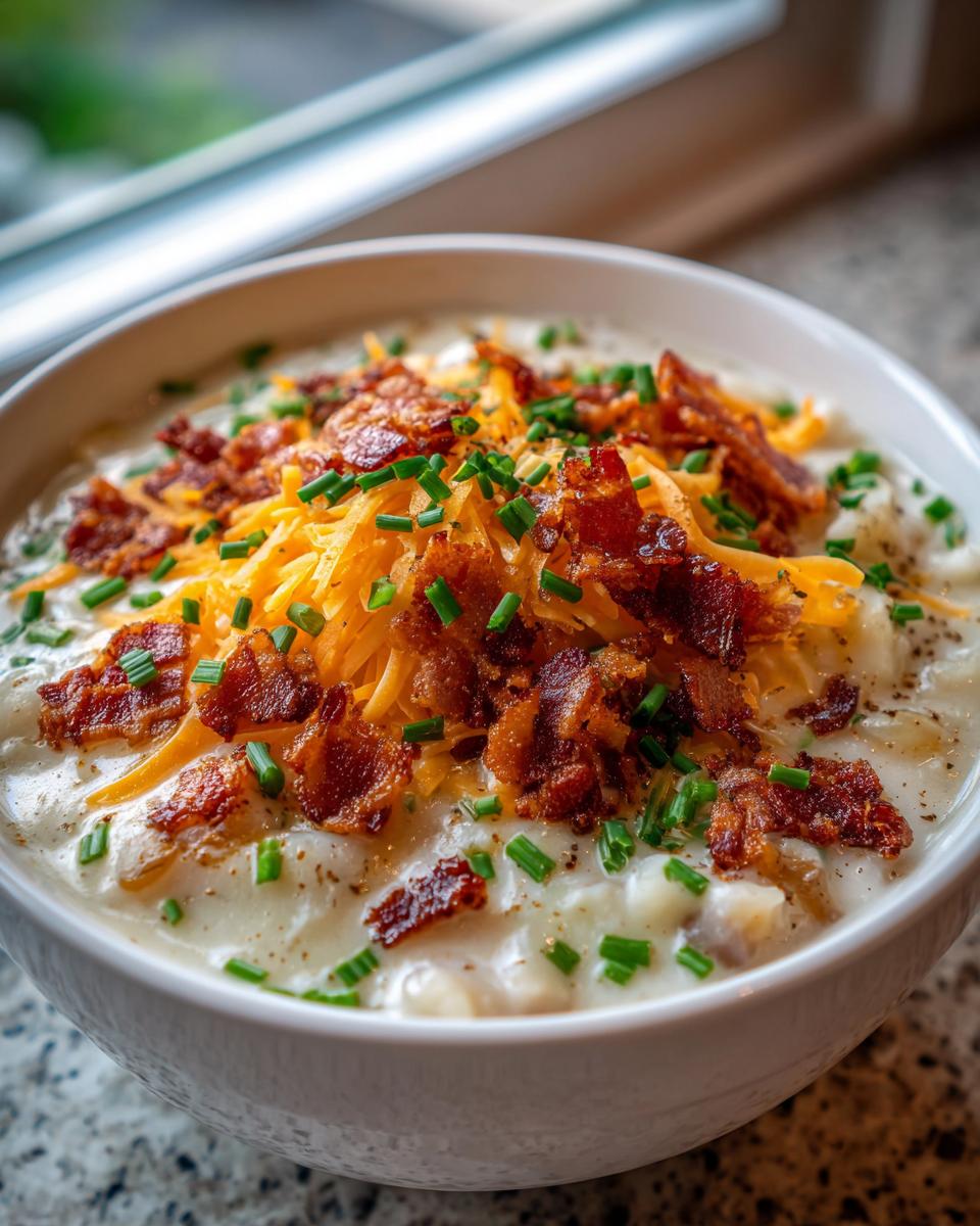 A close-up of a bowl of creamy Loaded Baked Potato Soup topped generously with shredded cheddar cheese, crispy bacon bits, and fresh chives.