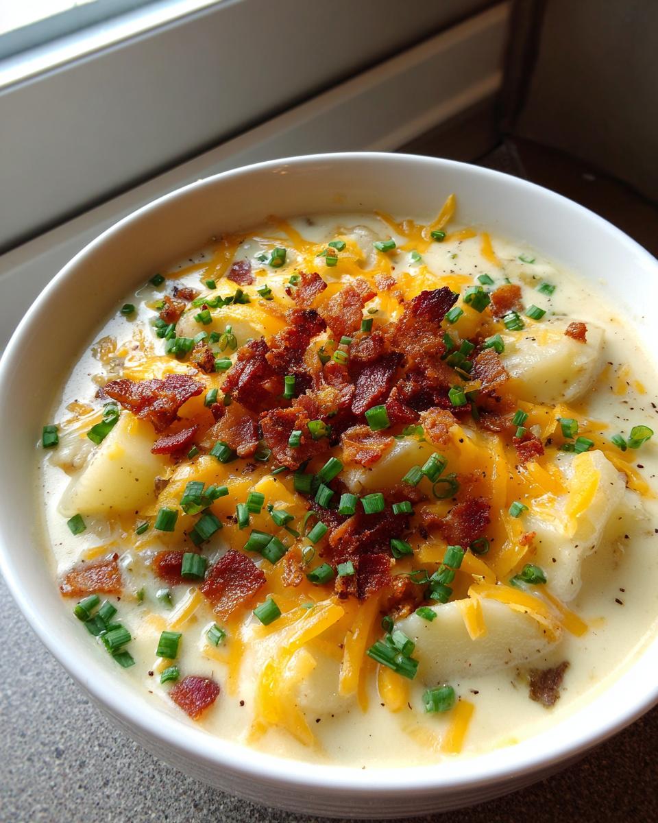 A close-up view of a hearty bowl of Loaded Baked Potato Soup topped generously with shredded cheddar cheese, crispy bacon bits, and fresh chives.