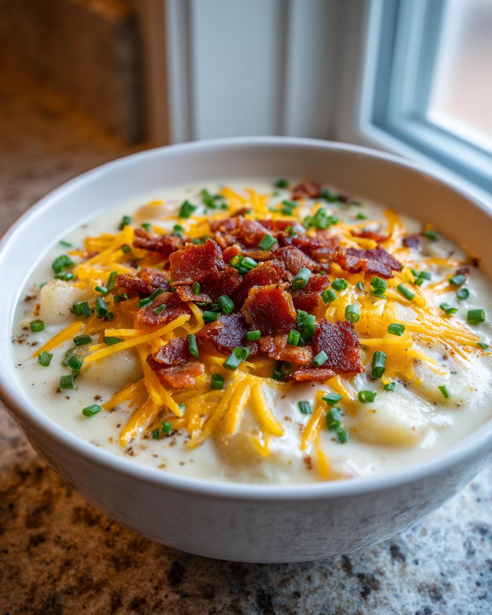 A close-up of a creamy bowl of Loaded Baked Potato Soup topped generously with shredded cheddar cheese, crispy bacon bits, and fresh chives.