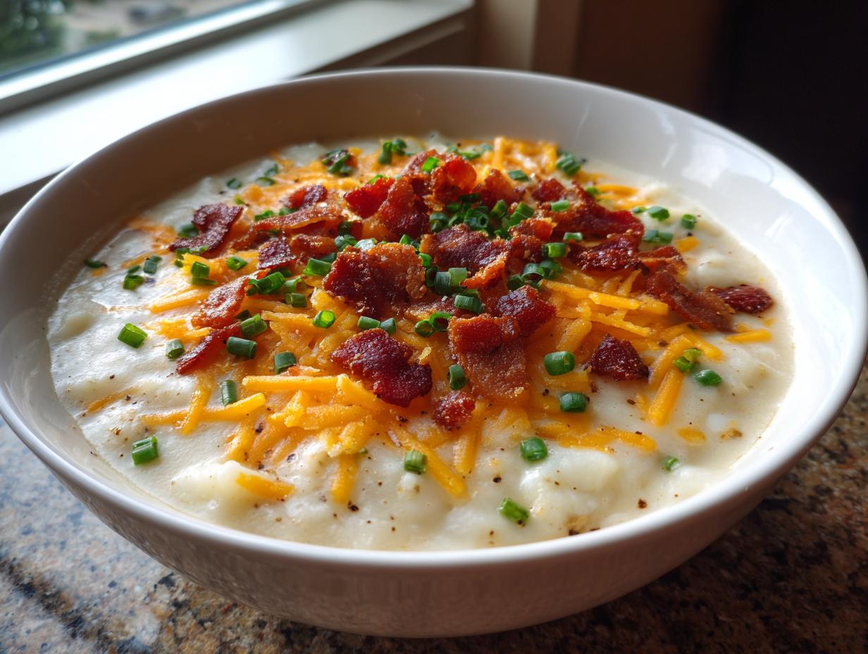 A close-up of a bowl of creamy Loaded Baked Potato Soup garnished generously with shredded cheddar, crispy bacon bits, and chopped chives.