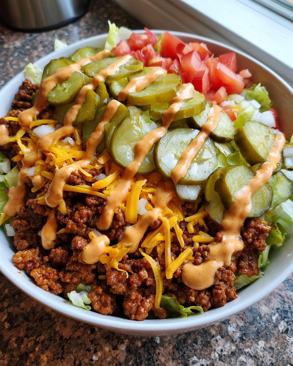 A close-up of a delicious cheeseburger bowl featuring seasoned ground beef, shredded cheese, pickles, and special sauce over lettuce.