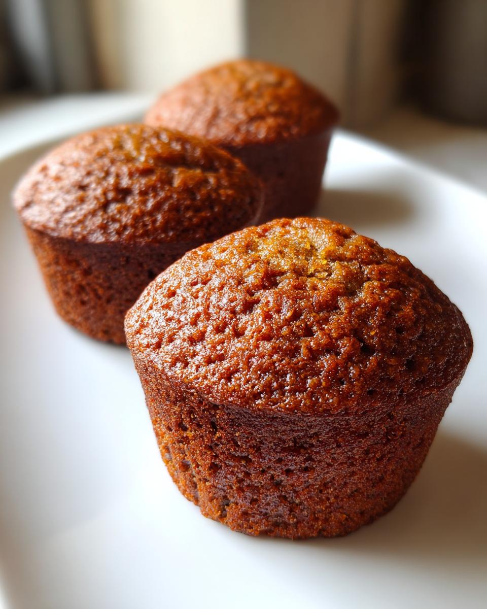 Close-up of three golden-brown, moist bran muffins sitting closely together on a white serving plate.