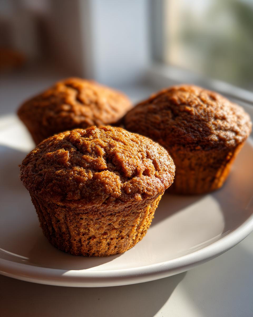 Close-up of three golden brown, moist bran muffins sitting on a white plate in bright sunlight.