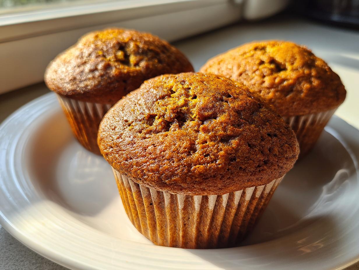 Three golden-brown, freshly baked bran muffins sitting on a white plate near a window.